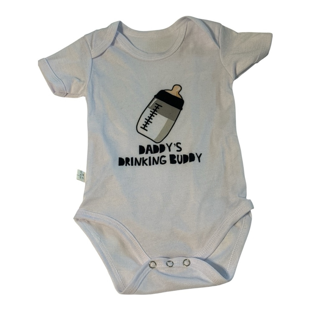 White Baby Onesie with Bottle Graphic and Funny Saying in 9-12 months size